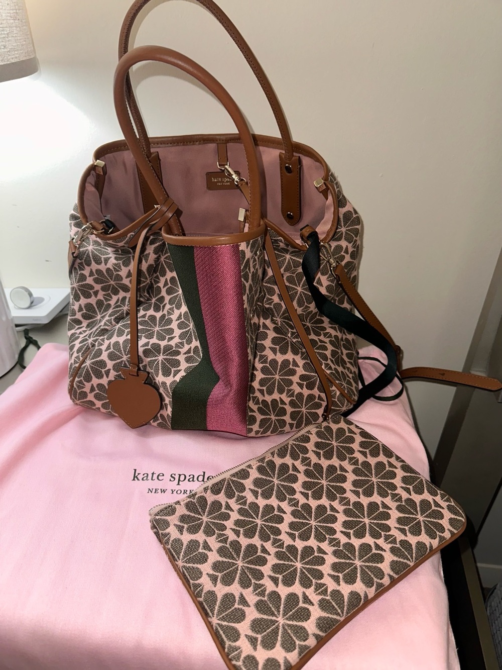kate spade Pink Floral Canvas Tote with Brown Leather Trim and Center Stripe